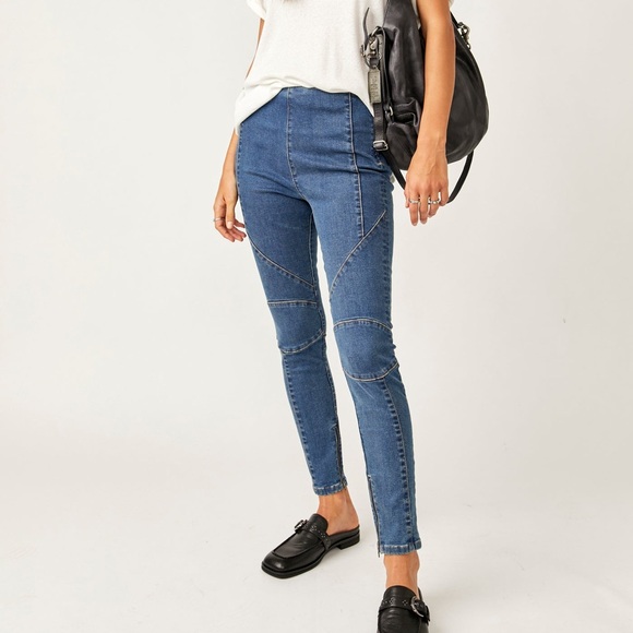 Women's We The Free Bella Moto Skinny Jeans Panel Seams Bohemian Biker Size 27‎ - Picture 1 of 9